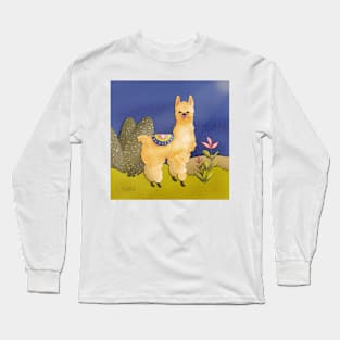 Cute llama in the dark desert night Long Sleeve T-Shirt